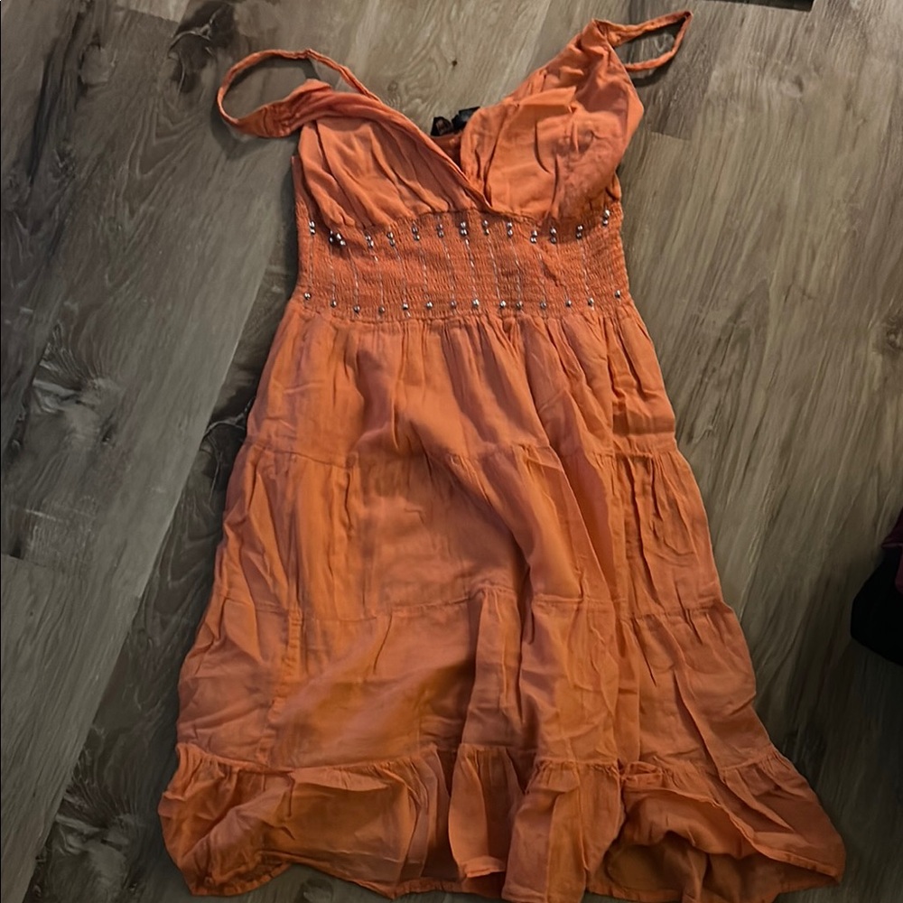 Camee’s Orange Tiered Midi Dress with Sweetheart Neckline for Cocktail